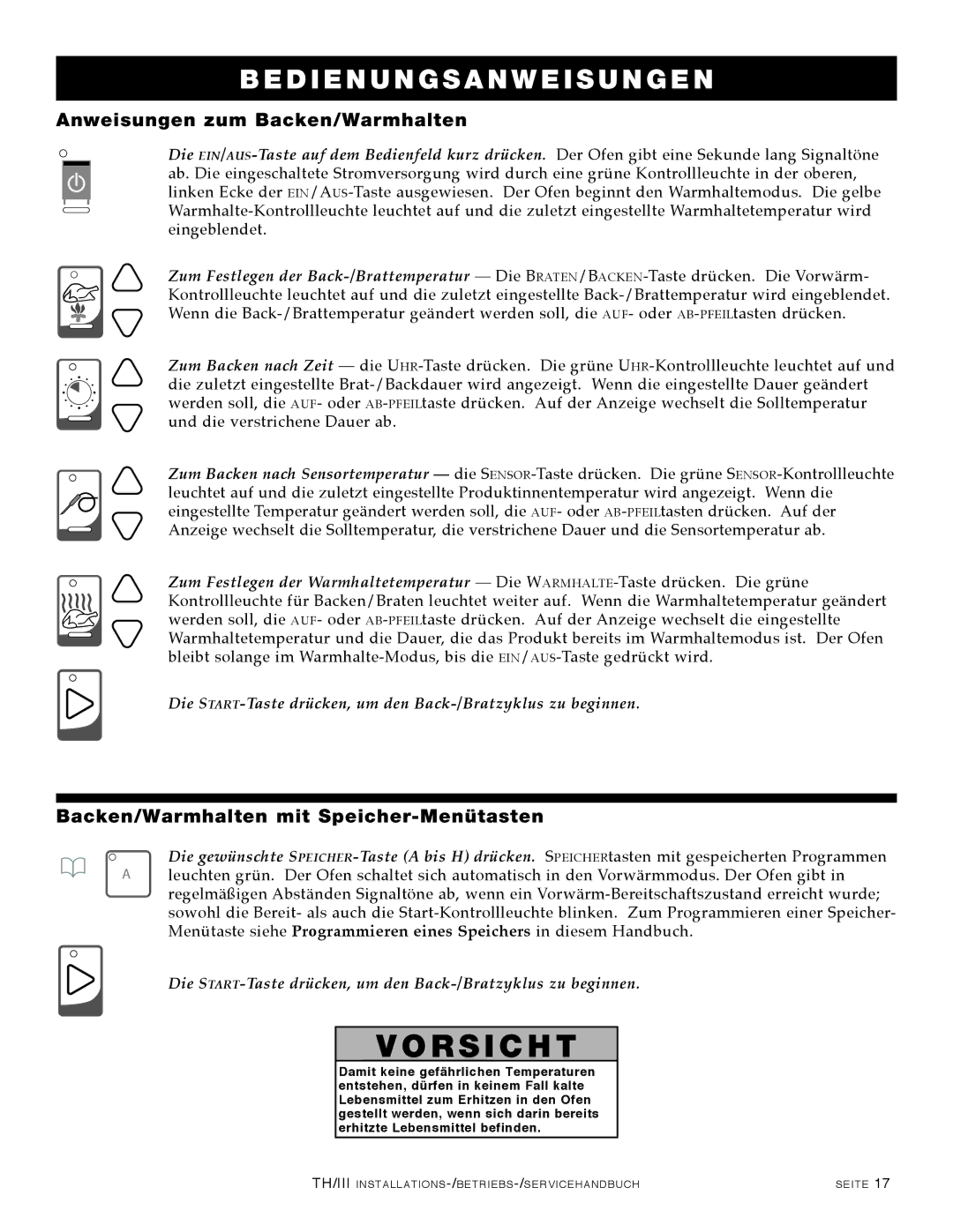 Alto-Shaam 1200-TH/III, 1000-TH/III manual Anweisungen zum Backen/Warmhalten, Backen/Warmhalten mit Speicher-Menütasten 