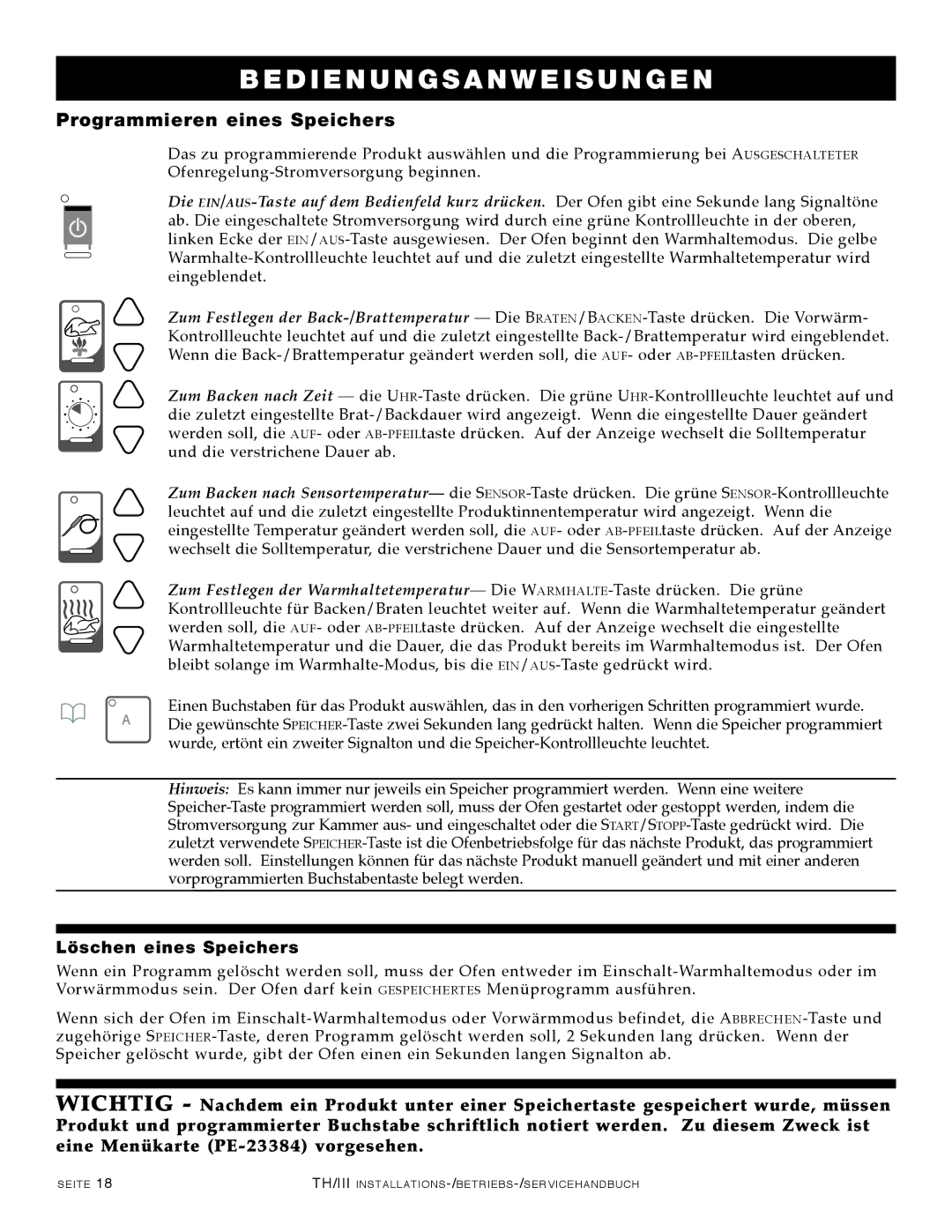 Alto-Shaam 1000-TH/III, 500-TH/III, 750-TH/III, 1200-TH/III manual Programmieren eines Speichers, Löschen eines Speichers 