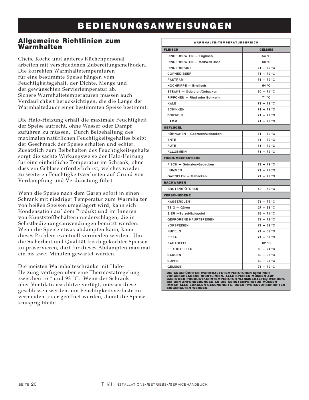 Alto-Shaam 750-TH/III, 1000-TH/III, 500-TH/III, 1200-TH/III manual Allgemeine Richtlinien zum Warmhalten 