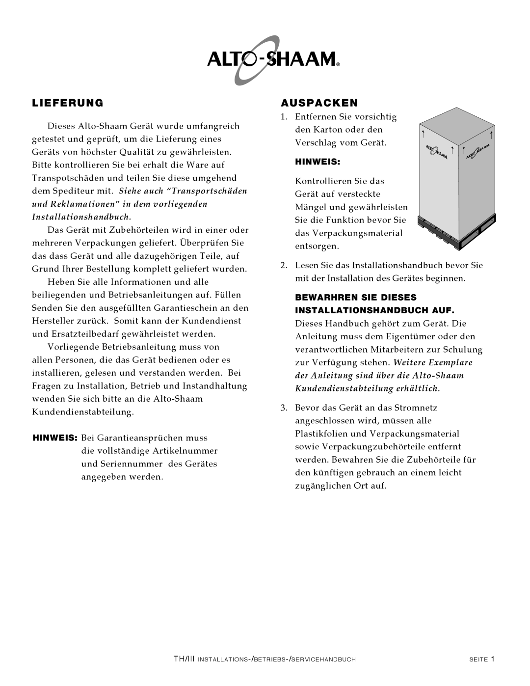 Alto-Shaam 1200-TH/III, 1000-TH/III, 500-TH/III, 750-TH/III manual Lieferung, Auspacken 