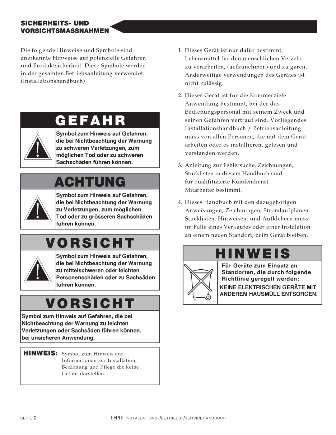 Alto-Shaam 1000-TH/III, 500-TH/III, 750-TH/III, 1200-TH/III manual Sicherheits- Und, Vorsichtsmassnahmen 