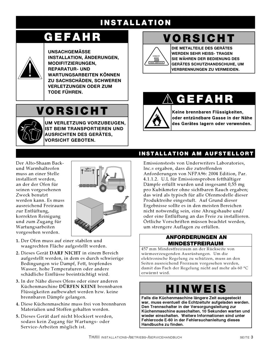 Alto-Shaam 500-TH/III, 1000-TH/III, 750-TH/III, 1200-TH/III manual Gefahr, Anforderungen AN Mindestfreiraum 