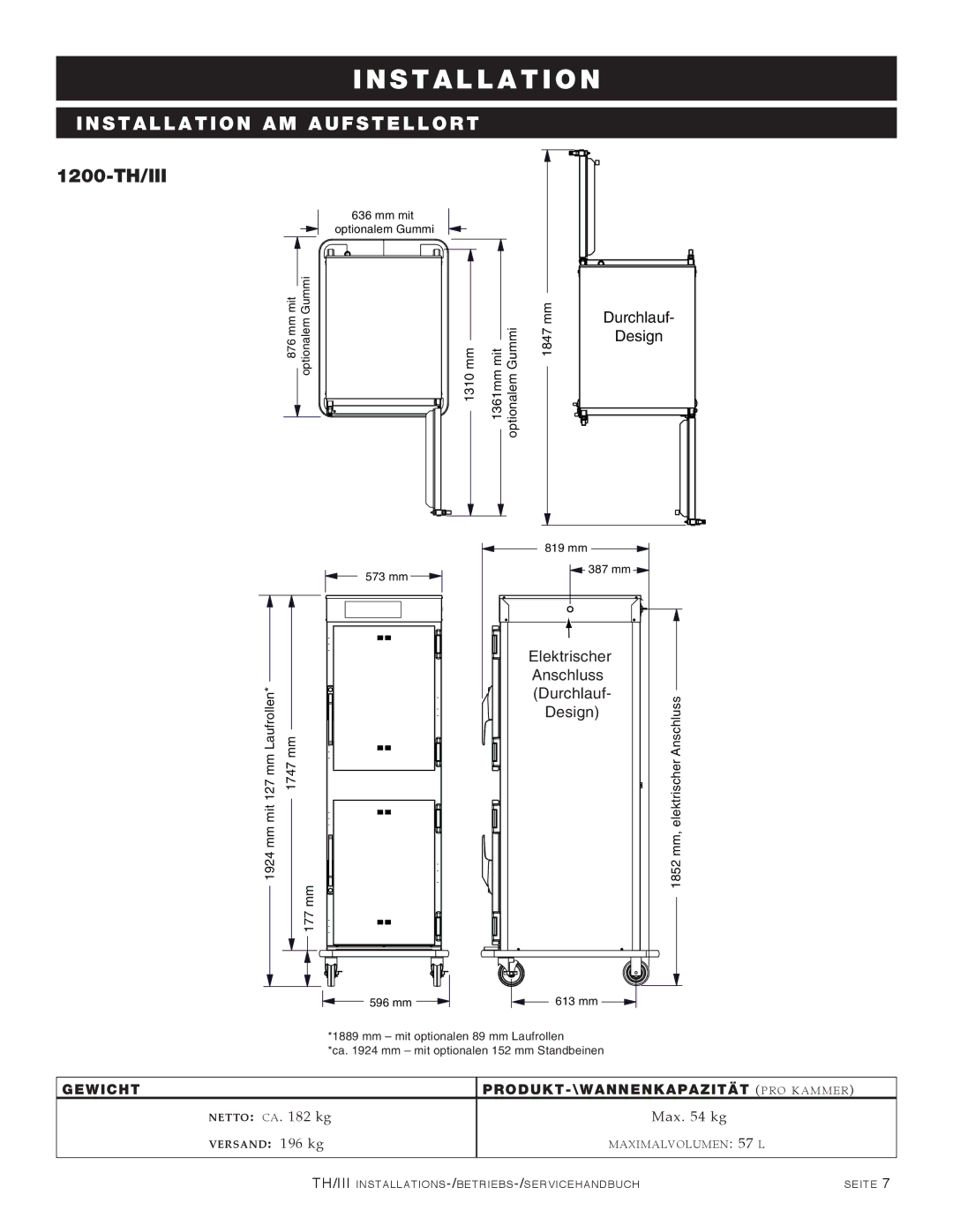 Alto-Shaam 500-TH/III, 1000-TH/III, 750-TH/III manual 1200-TH/III, Elektrischer Anschluss Durchlauf 