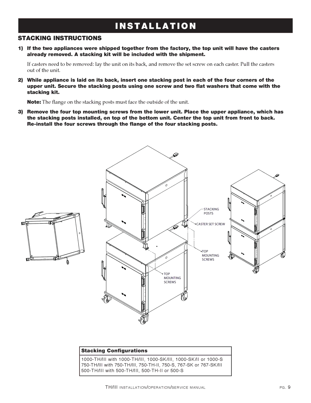 Alto-Shaam 1200-TH/III, 1000-TH/III, 500-TH/III, 750-TH/III manual Stacking Instructions, Stacking Configurations 