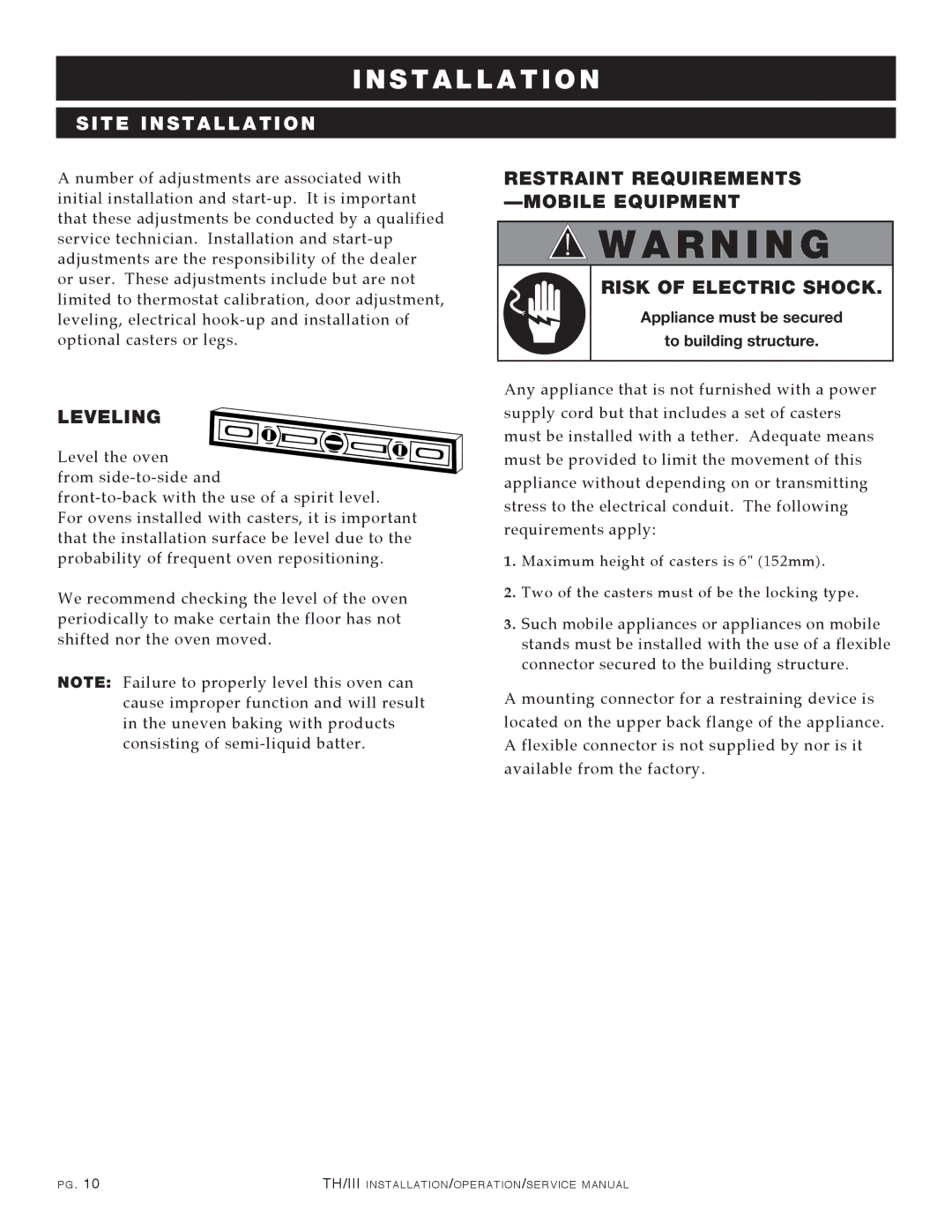 Alto-Shaam 1000-TH/III, 500-TH/III, 750-TH/III, 1200-TH/III manual Leveling, Appliance must be secured To building structure 