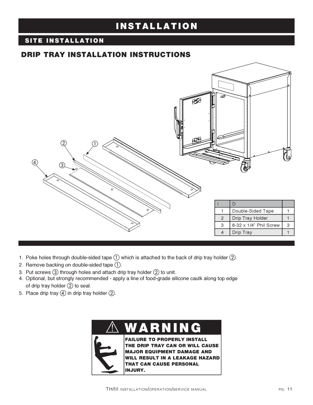 Alto-Shaam 500-TH/III, 1000-TH/III, 750-TH/III, 1200-TH/III manual Drip Tray Installation Instructions 