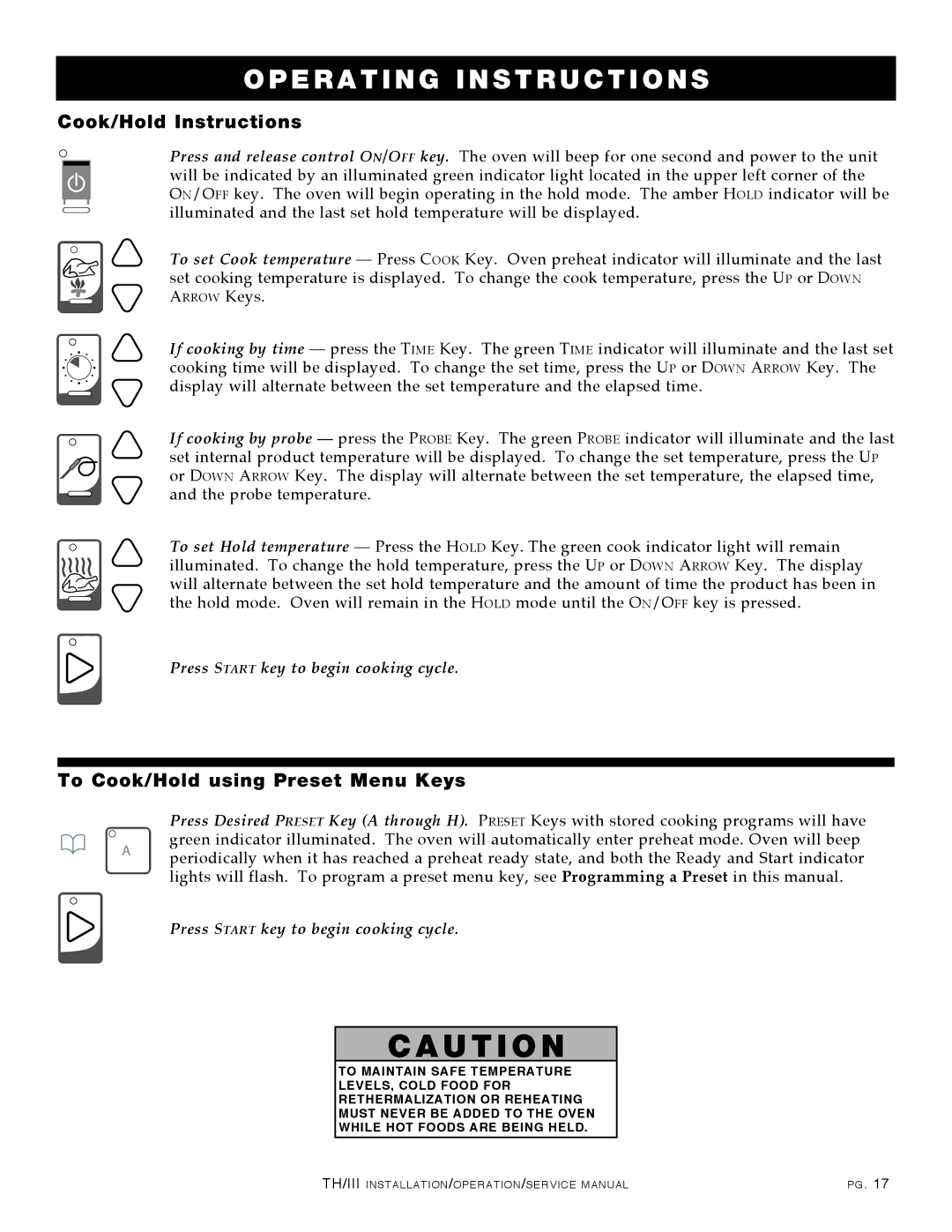 Alto-Shaam 1200-TH/III, 1000-TH/III, 500-TH/III, 750-TH/III manual Cook/Hold Instructions, To Cook/Hold using Preset Menu Keys 