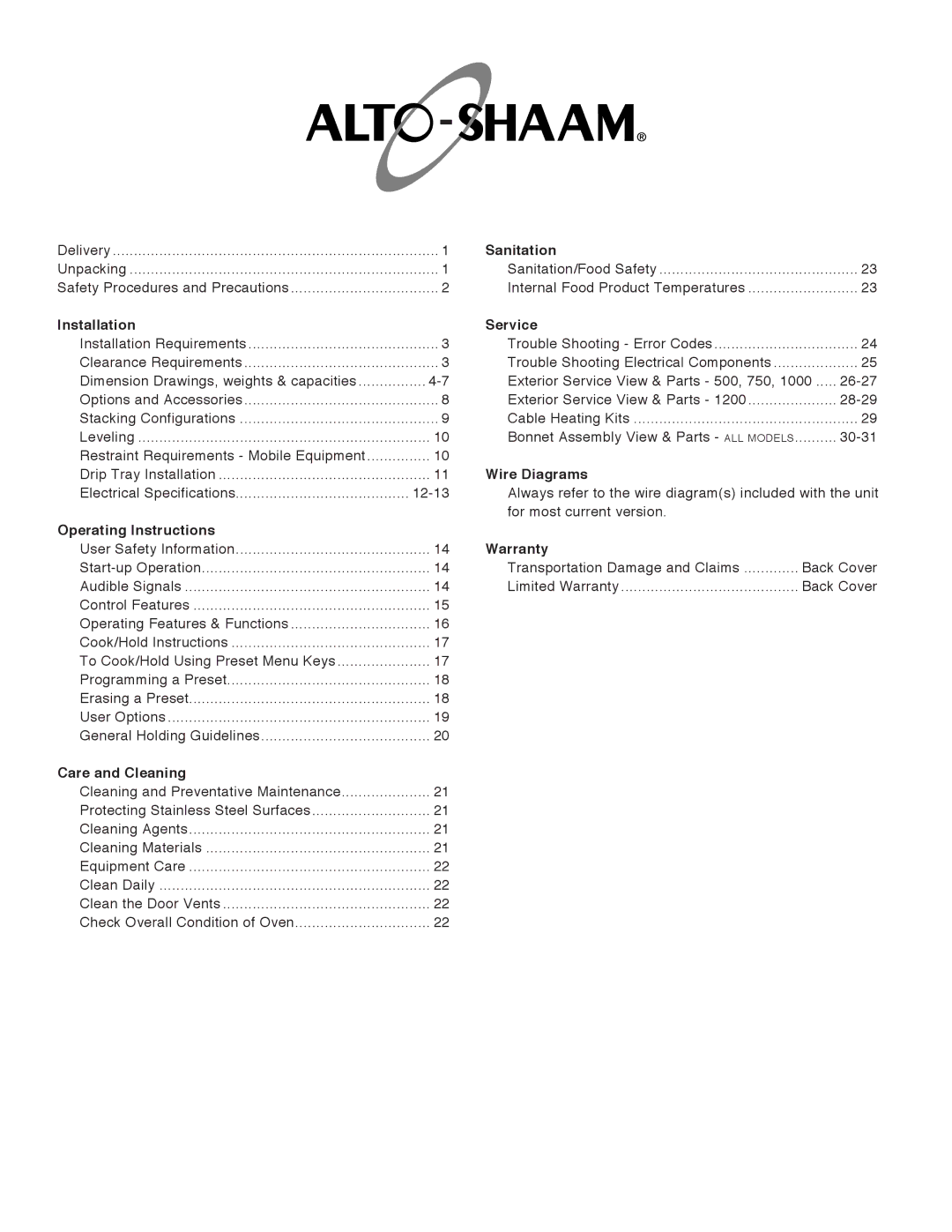 Alto-Shaam 750-TH/III, 1000-TH/III, 500-TH/III, 1200-TH/III manual Sanitation 