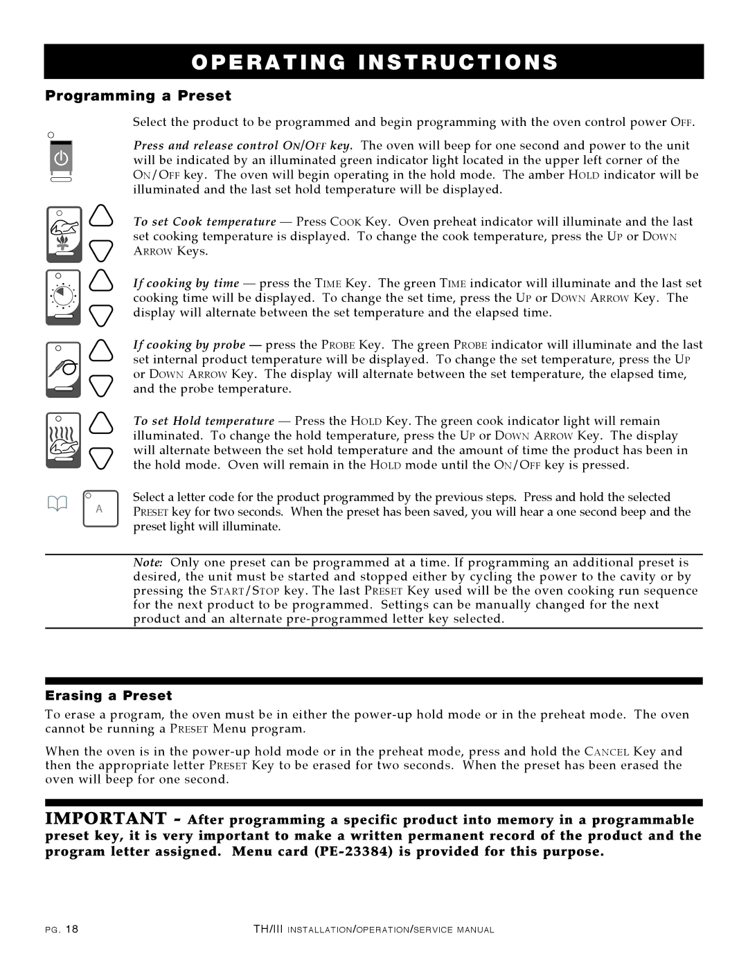 Alto-Shaam 1000-TH/III, 500-TH/III, 750-TH/III, 1200-TH/III manual Programming a Preset, Erasing a Preset 