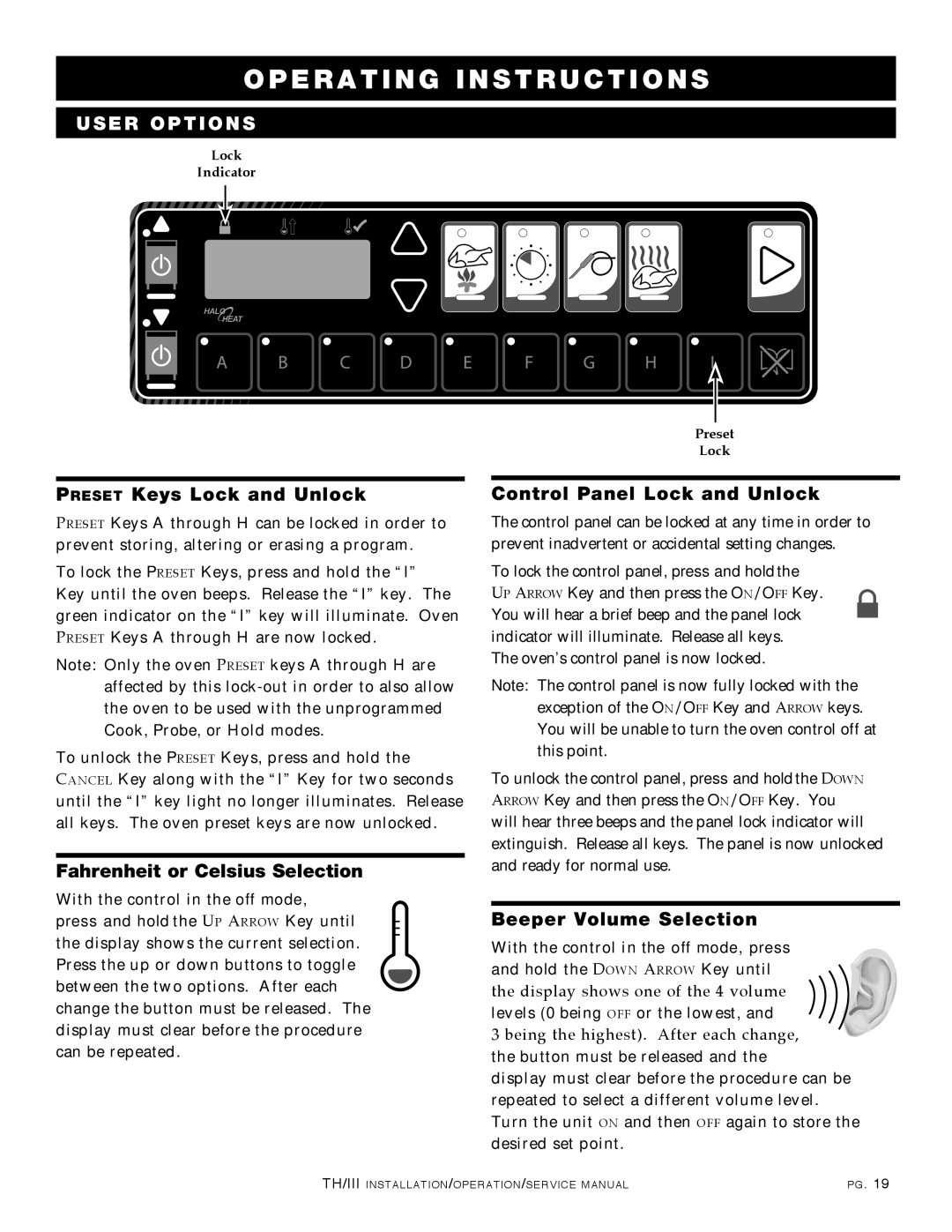 Alto-Shaam 500-TH/III manual Preset Keys Lock and Unlock, Fahrenheit or Celsius Selection, Control Panel Lock and Unlock 