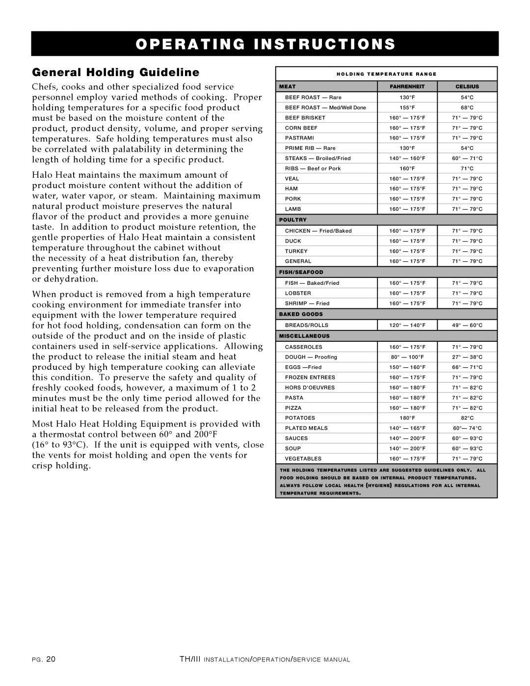 Alto-Shaam 750-TH/III, 1000-TH/III, 500-TH/III, 1200-TH/III manual General Holding Guideline 