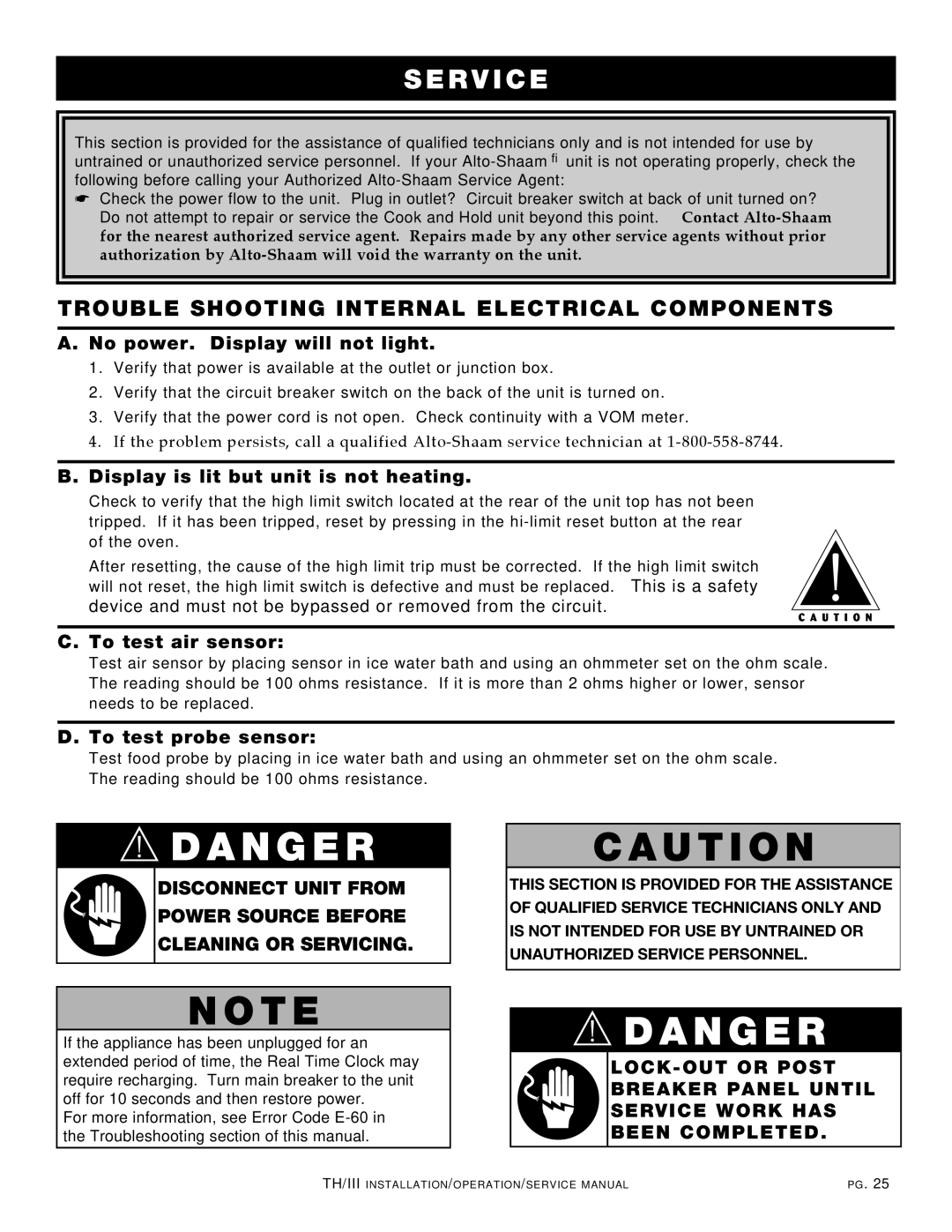 Alto-Shaam 1200-TH/III, 1000-TH/III manual Trouble Shooting Internal Electrical Components, No power. Display will not light 