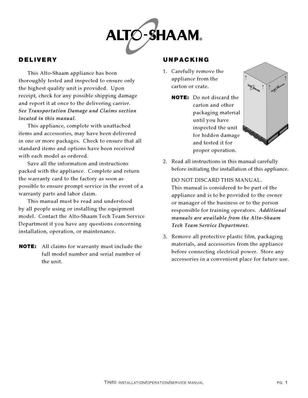 Alto-Shaam 1200-TH/III, 1000-TH/III, 500-TH/III, 750-TH/III manual L I V E R Y, P a C K I N G 