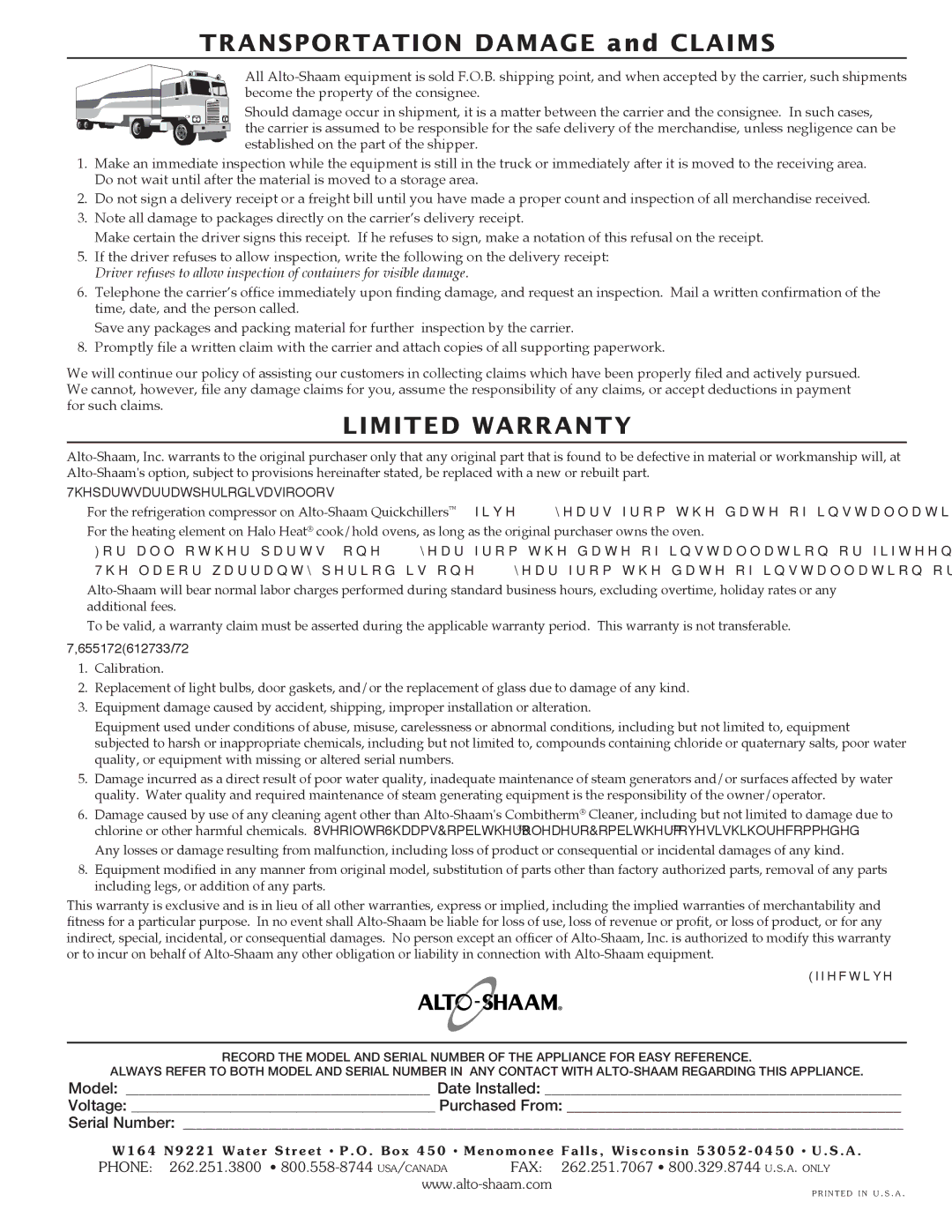 Alto-Shaam 500-TH/III, 1000-TH/III, 750-TH/III, 1200-TH/III manual Limited Warranty 