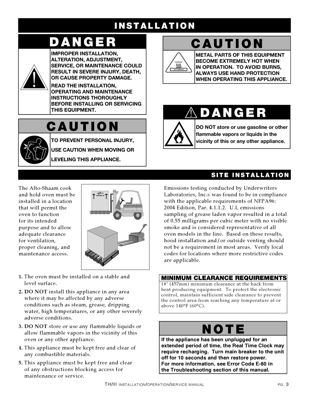 Alto-Shaam 500-TH/III, 1000-TH/III, 750-TH/III, 1200-TH/III manual Site Installation, Minimum Clearance Requirements 