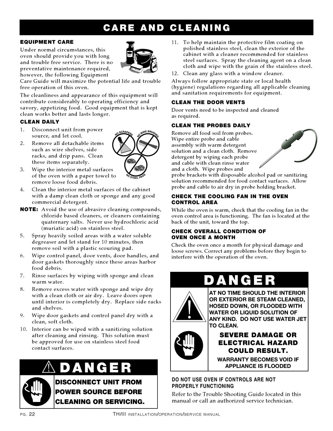 Alto-Shaam 1000-TH/III, 500-TH/III manual Danger, D A N G E R, Care And Cleaning, Disconnect Unit From Power Source Before 