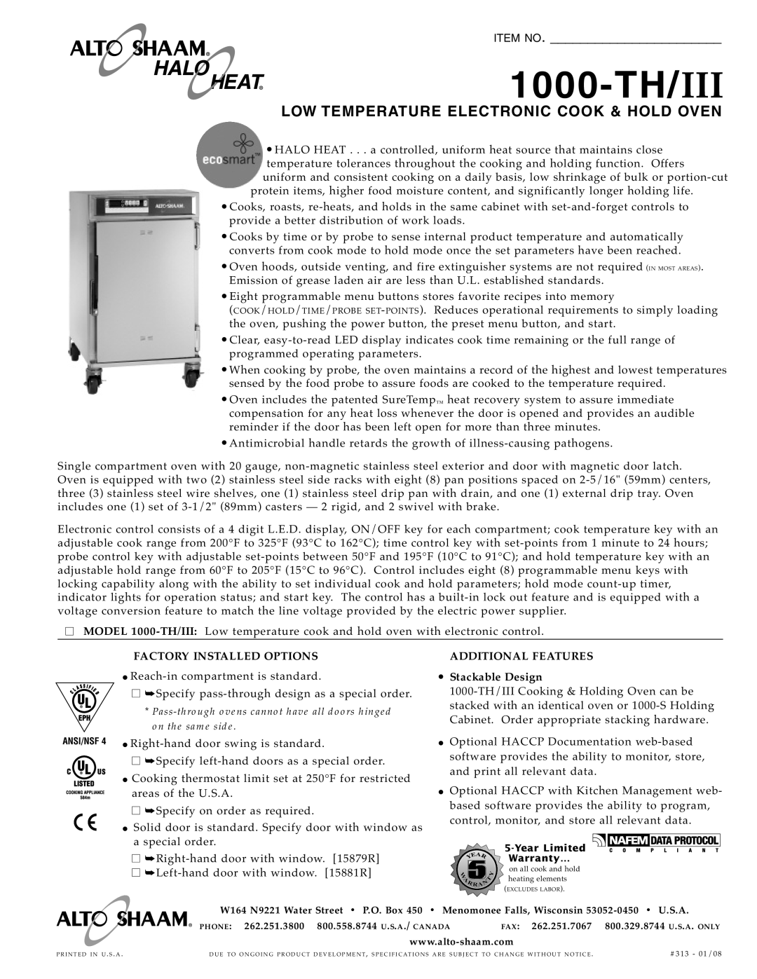 Alto-Shaam 1000-TH/III specifications LOW Temperature Electronic Cook & Hold Oven 