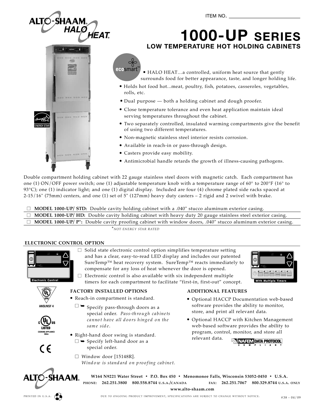 Alto-Shaam 1000-UP/ P* specifications Special ord er. Pass -thr oug h ca bine ts, Can not ha ve al l door s hi nged on 