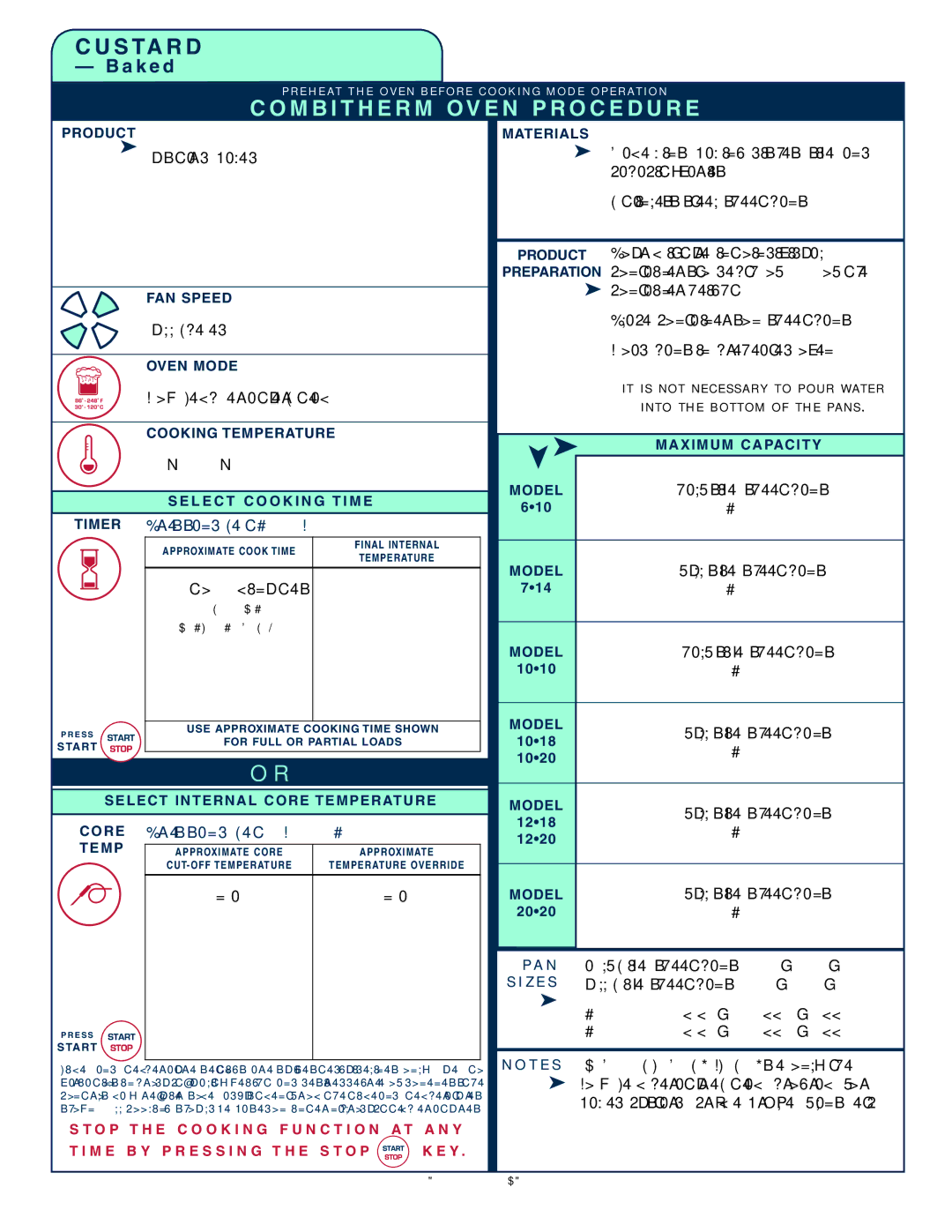 Alto-Shaam 1008 operation manual Cus tard, baked, Low Temp eratur e Steam, 40 to 60 minutes, Pre ss and Set COR E Temp 