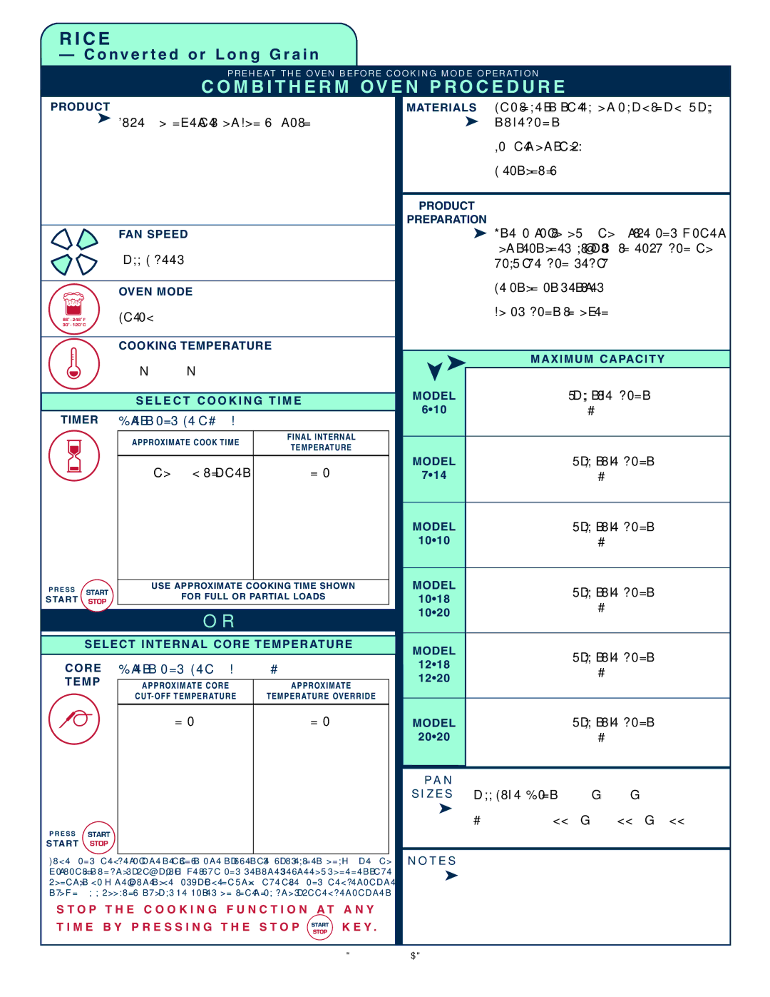 Alto-Shaam 1008 operation manual Rice Conver ted or Lon g Grai n, Ste am, 212F 10 0C, 20 to 30 minutes 