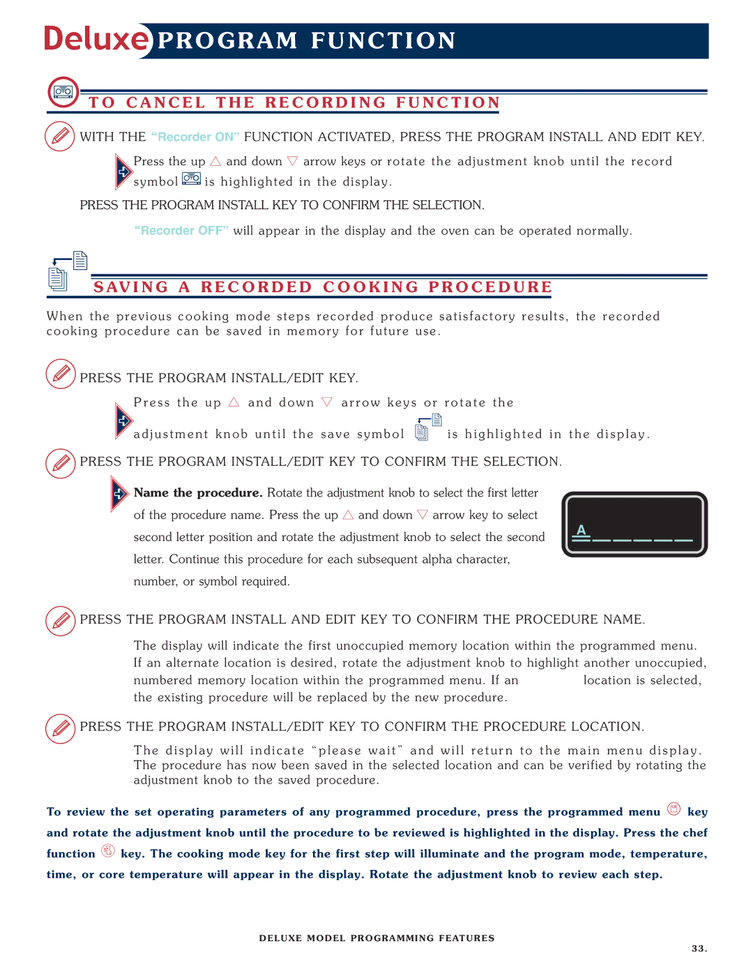 Alto-Shaam 1008 operation manual To Cancel the Reco Rding Funct ION, Savi N G a Reco Rded Cooking PR Ocedur 