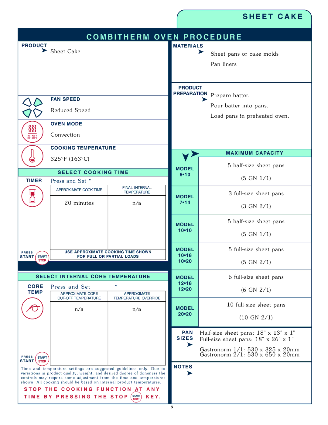 Alto-Shaam 1008 operation manual Shee t Cak e, Sheet p ans o r c ake m olds Pan l iners, Ha lf- size s heet p ans 5 GN 1 