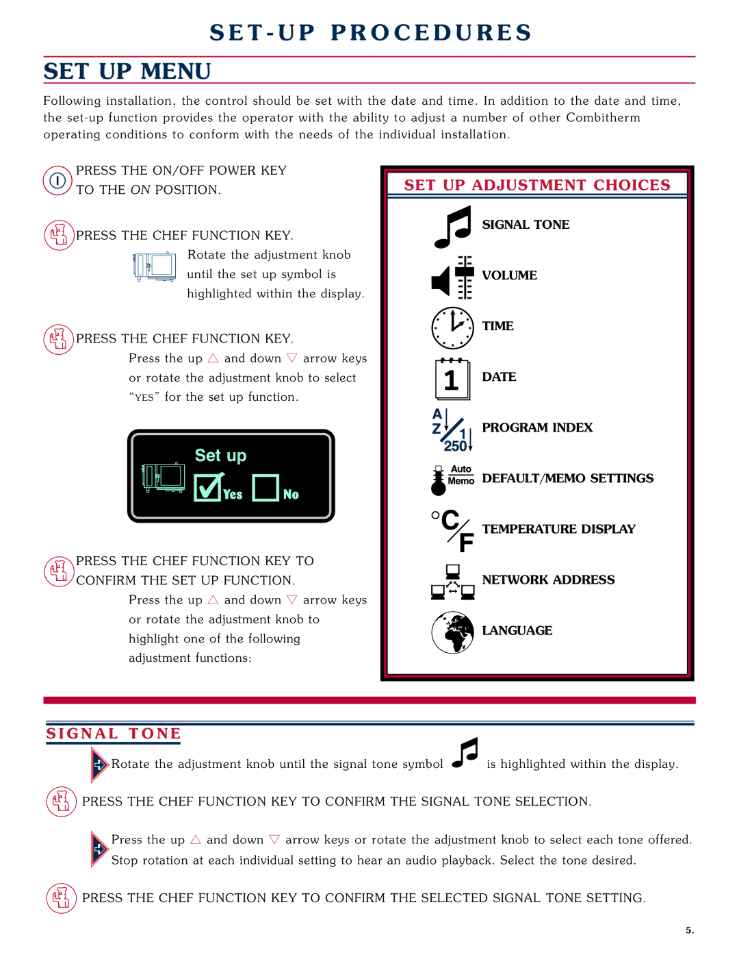 Alto-Shaam 1008 operation manual ET- UP PRO CE DU RE S SET UP Menu, SET UP Adjustment Choices, SIG NAL Tone 