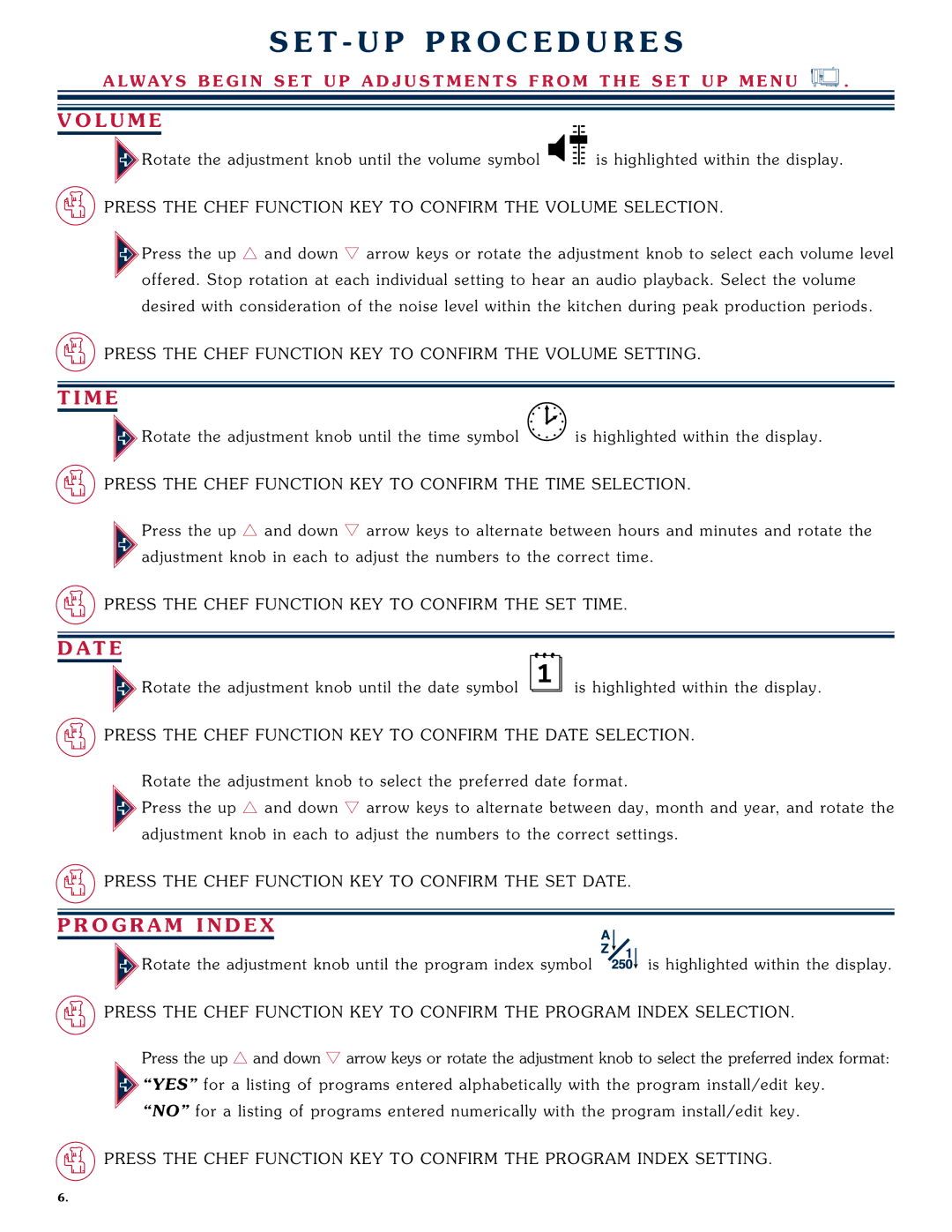 Alto-Shaam 1008 operation manual T-Up Roc Ed Ur Es, Volume, Time, Date, PRO Gram Index 