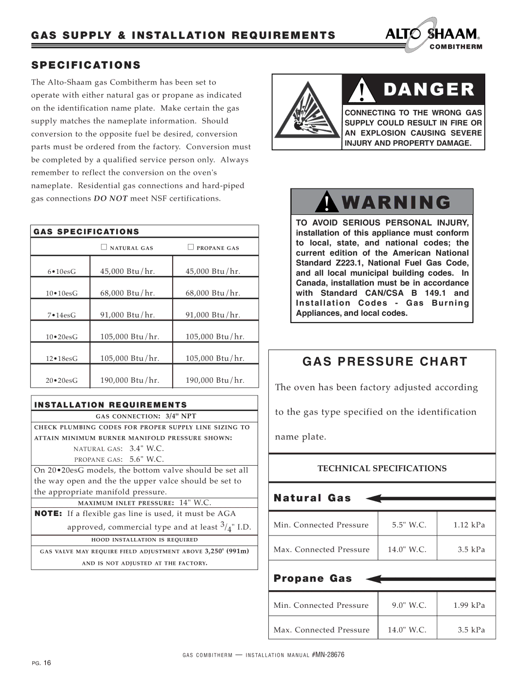 Alto-Shaam 10.10ESG Specifications, Natural Ga s, Pr opan e G as, GAS SP Ecif ICA TIO NS, INS TAL LA Tion R EQ Uirem Ents 