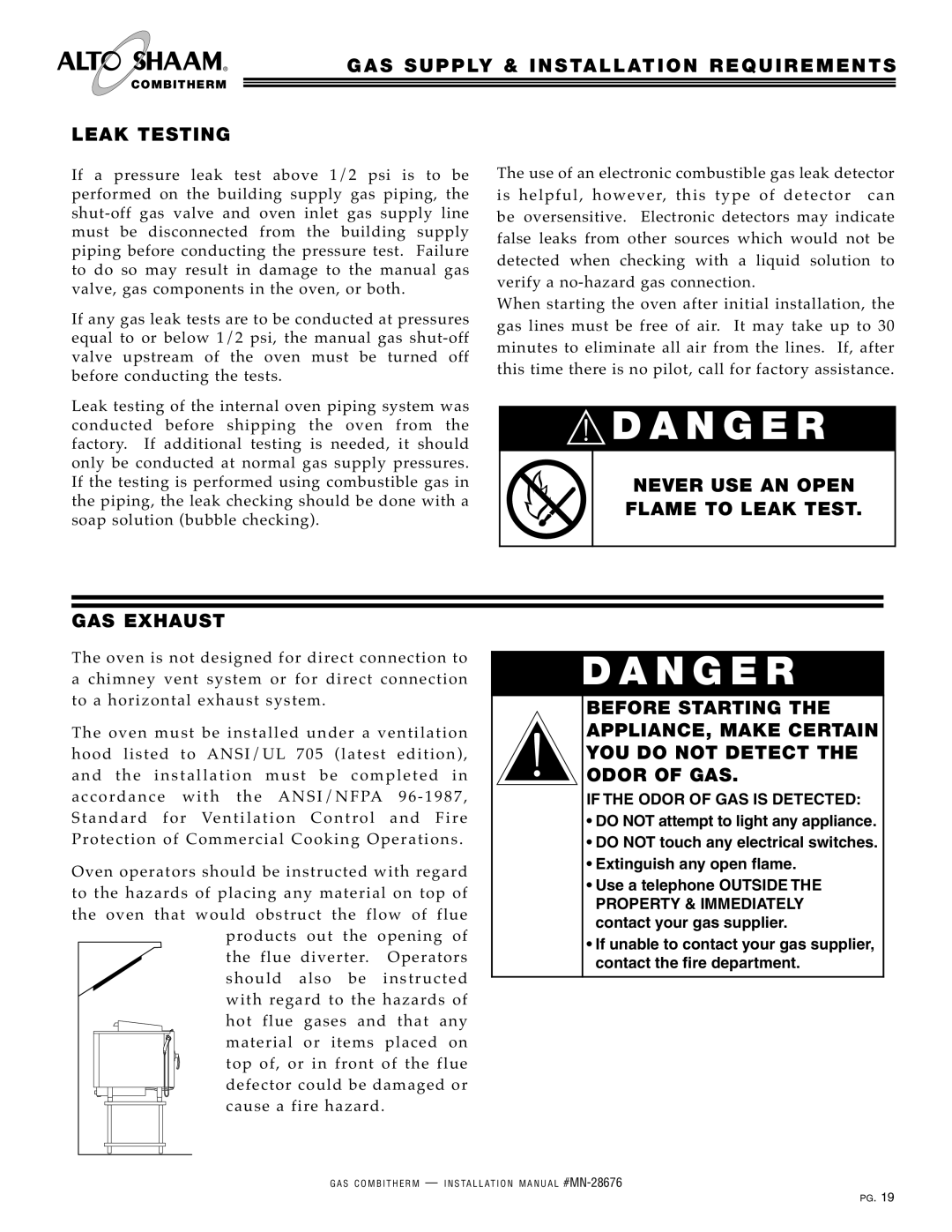 Alto-Shaam 10.10ESG, 10.20ESG, 6.10ESG manual An Ge R, Never U SE AN Open Flame to Leak Test GAS Exha UST, Sure s 