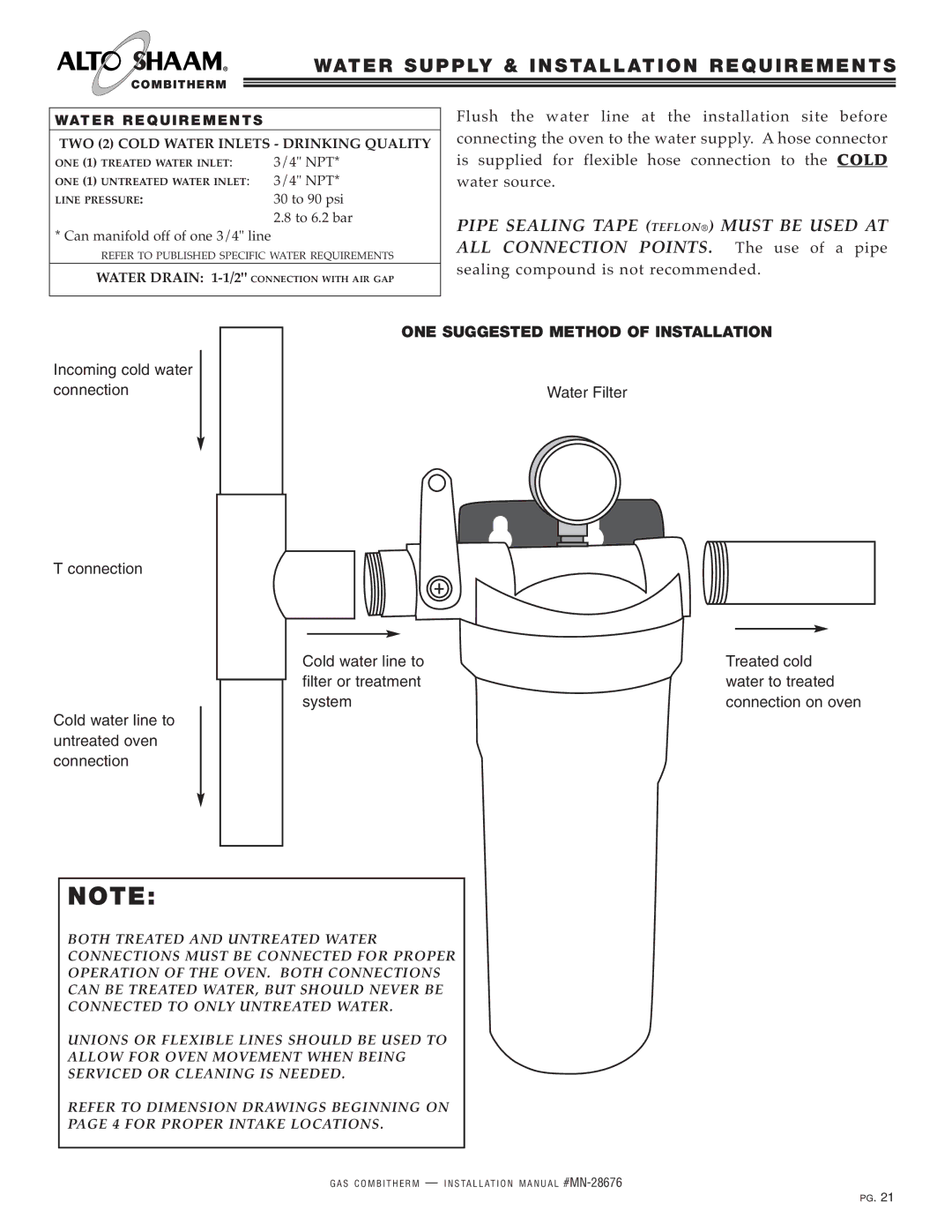 Alto-Shaam 6.10ESG, 10.10ESG, 10.20ESG manual Water R Equi REM Ents, NPT Can manifold off of one 3/4 line To 6.2 bar 