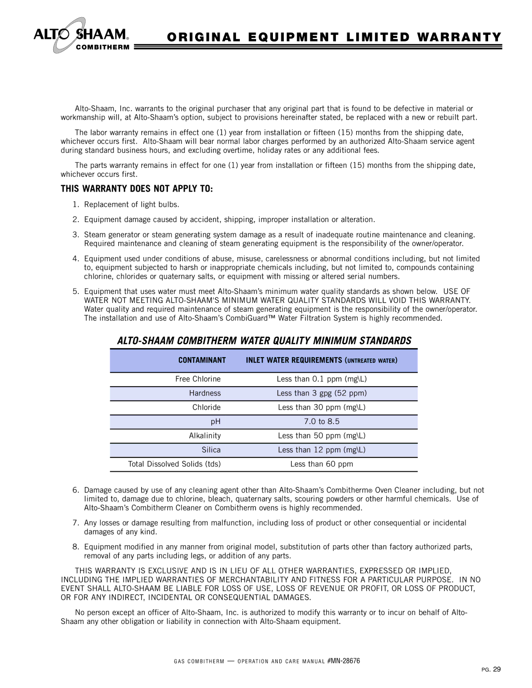 Alto-Shaam 10.20ESG, 10.10ESG, 6.10ESG Free Chlorine, Hardness, Chloride, Alkalinity, Silica, Total Dissolved Solids tds 