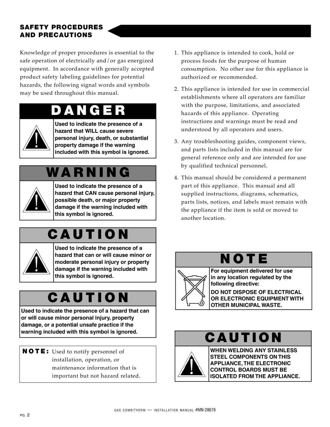 Alto-Shaam 10.20ESG, 10.10ESG, 6.10ESG manual Dan Ger, WA Rning, AU TI on, CAU Tion, Safety Proc Edures Preca UTI ONS 