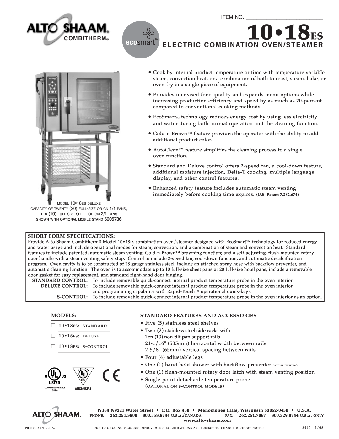 Alto-Shaam 10.18ES specifications 1018ES, Elect Ric Combina Tion, Oven/S Teame R, Item No, Combitherm 