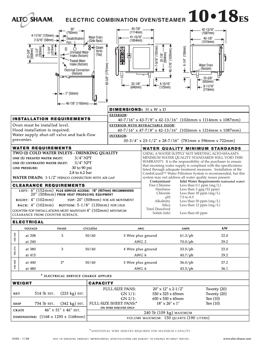 Alto-Shaam 10.18ES specifications ELEC TRIC COMBIN ATIO N OVEN/ STE AME R 1018ES 