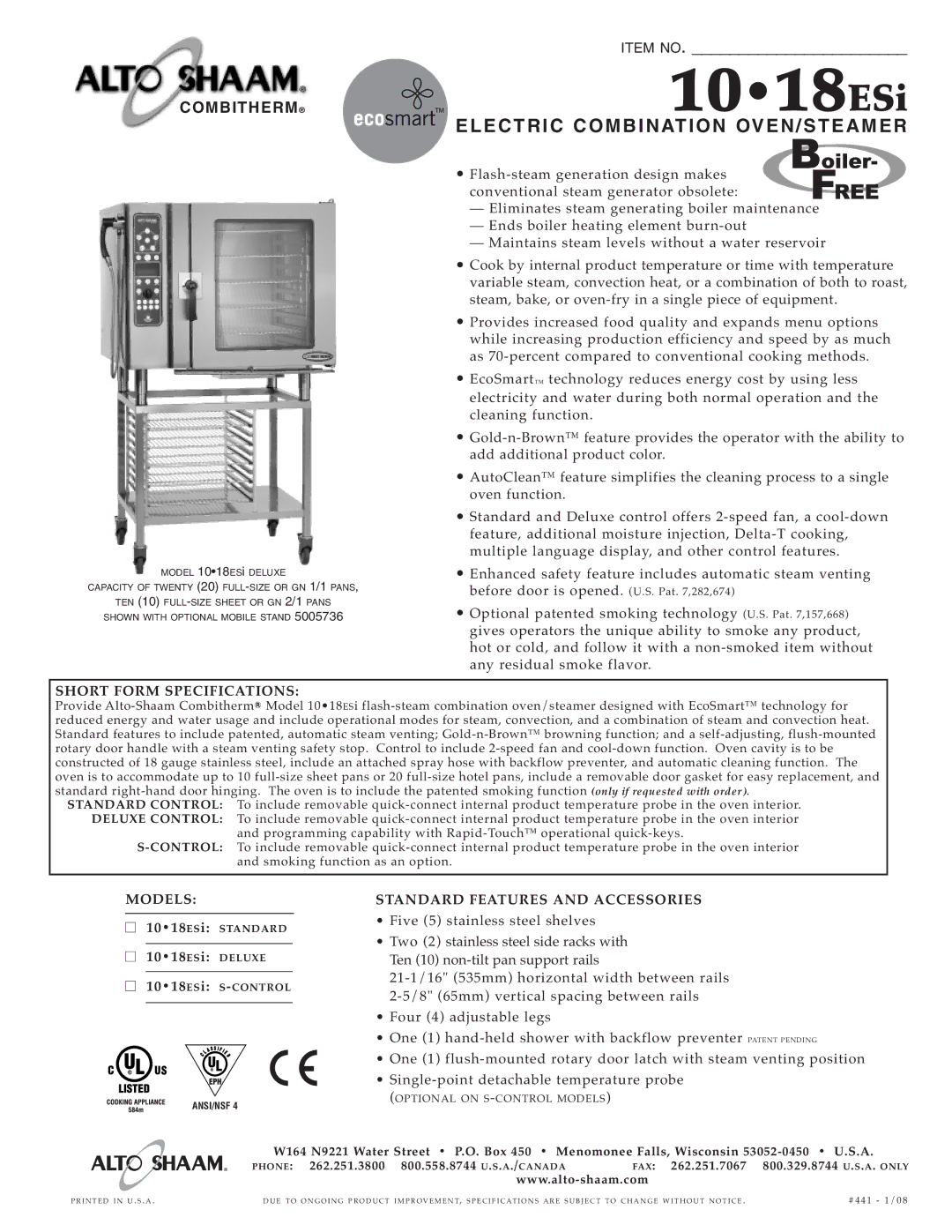 Alto-Shaam 10.18ESi specifications 10 18 ESi, Elect RIC Combina Tion OVEN/S Teame R, Short Form Specifi Cations, Models 