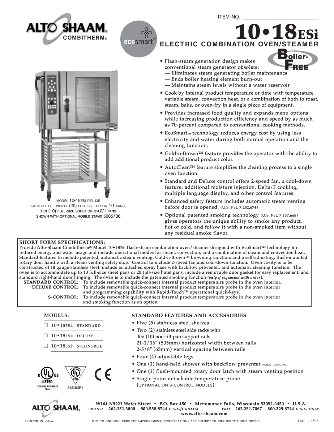Alto-Shaam 10.18ESi specifications 1018ESi, Elect Ric Combina Tion Oven/S Teame R, Item No, Combitherm 