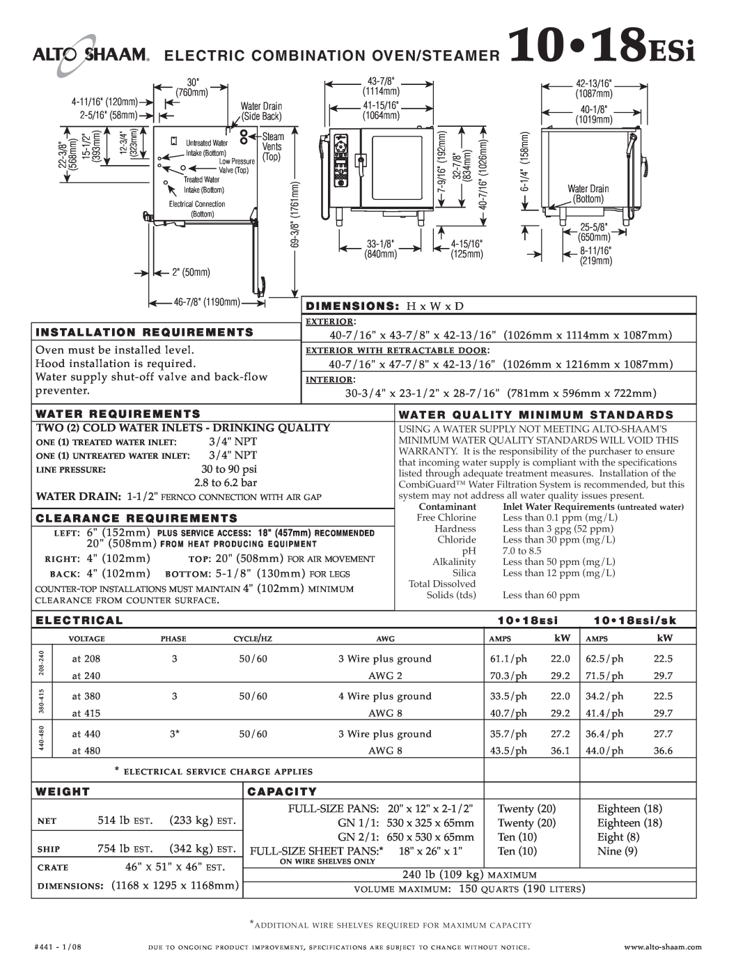 Alto-Shaam 10.18ESi specifications ELEC TRIC COMBINATION OVEN/S TEA MER 1018ESi 