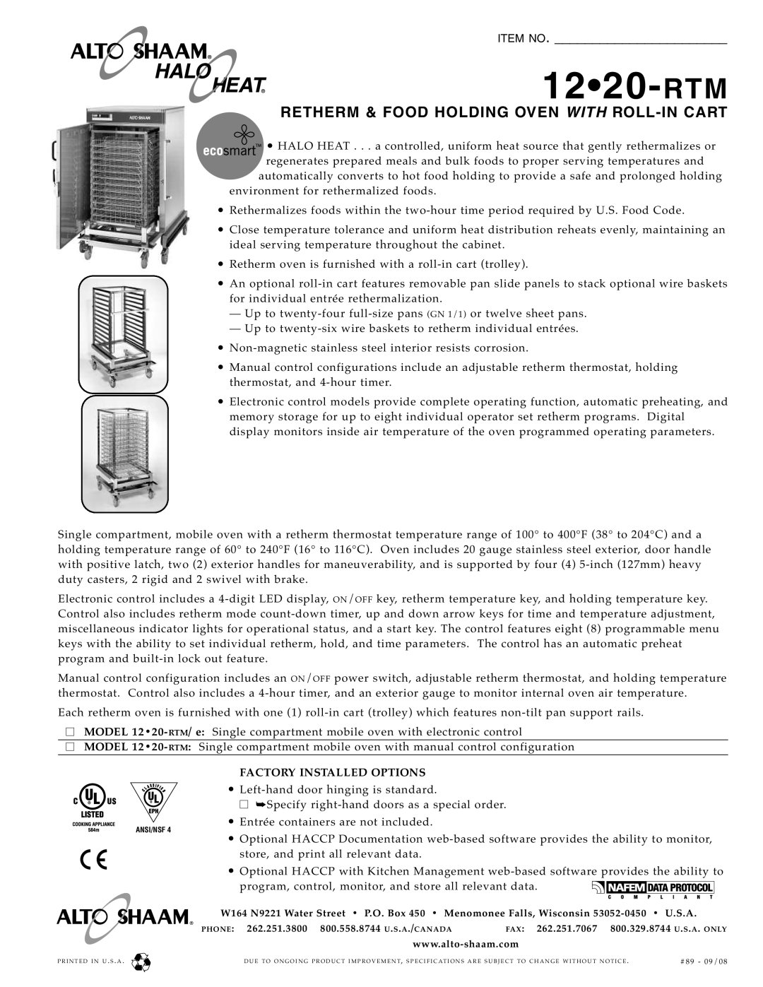 Alto-Shaam 12-20 RTM specifications Rethe RM & Food Holdi NG Oven with ROLL-IN Cart 