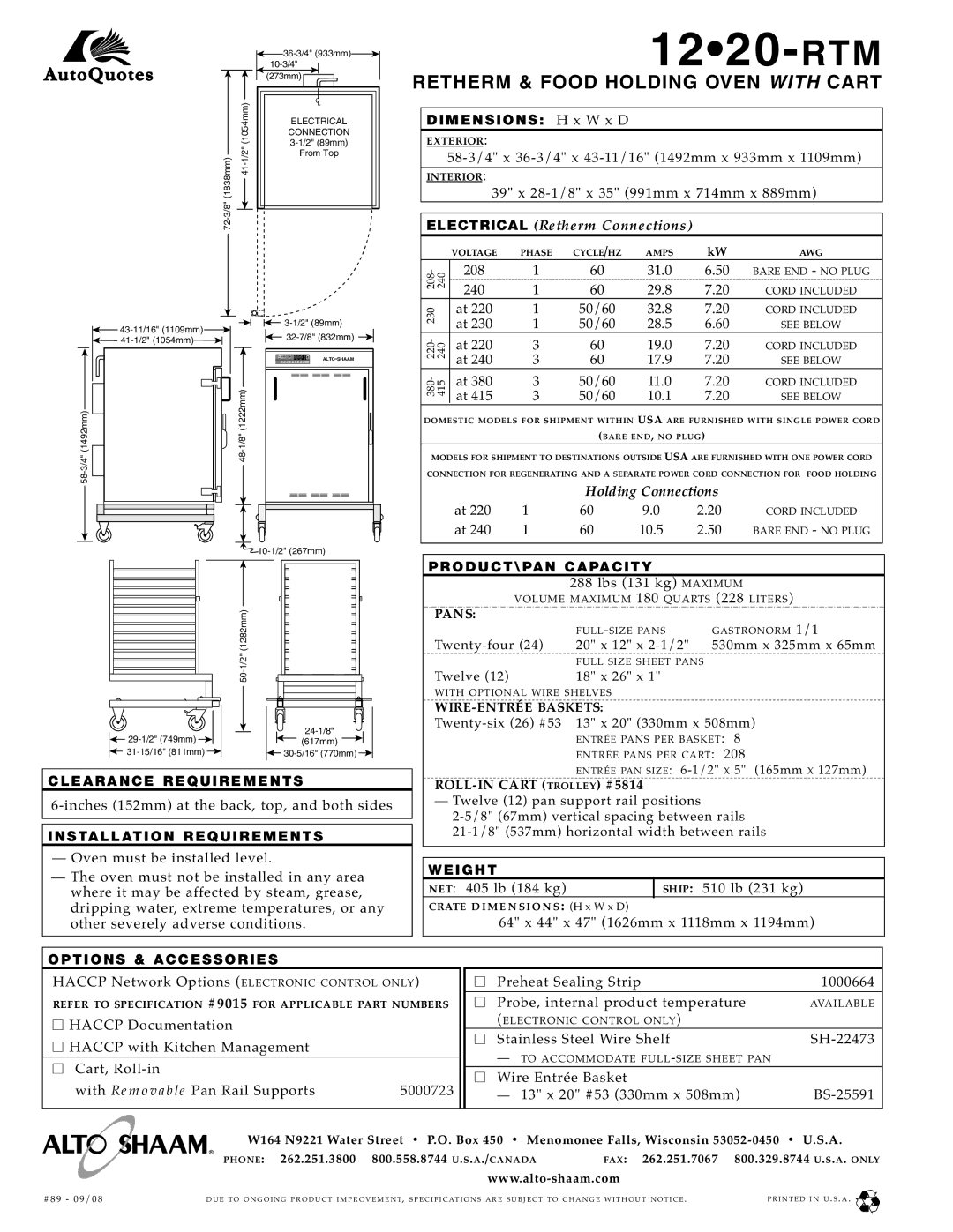 Alto-Shaam 12-20 RTM specifications Retherm & Food Holding Oven with Cart 