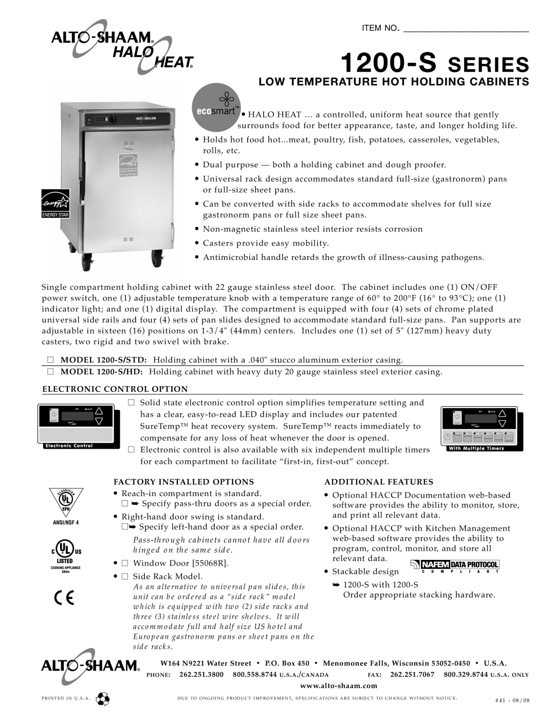 Alto-Shaam 1200-S/STD, 1200-S/HD specifications Electronic Control Option, Factory Installed Options Additional Features 