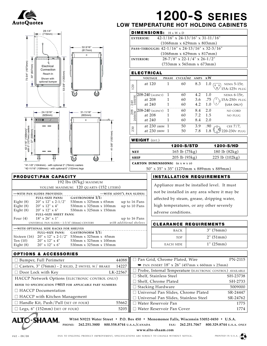 Alto-Shaam 1200-S/HD, 1200-S Series Exterior, El E Ct Ri Ca L, Weight EST, PRODUCT\PAN Capacity, Installation Requirements 