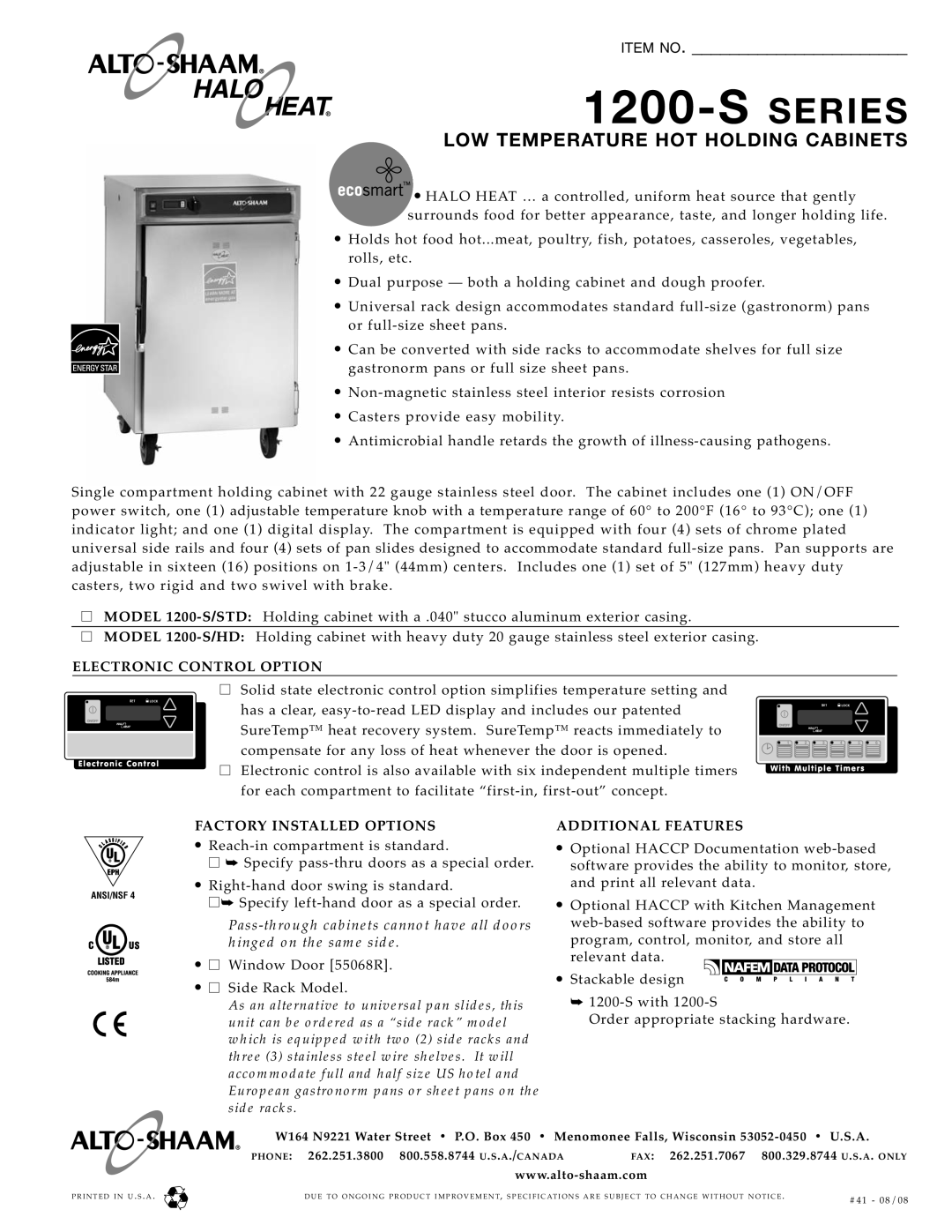Alto-Shaam specifications S Series, Low Temperature Hot Holding Cabinets, Item No, MODEL 1200-S/STD, MODEL 1200-S/HD 