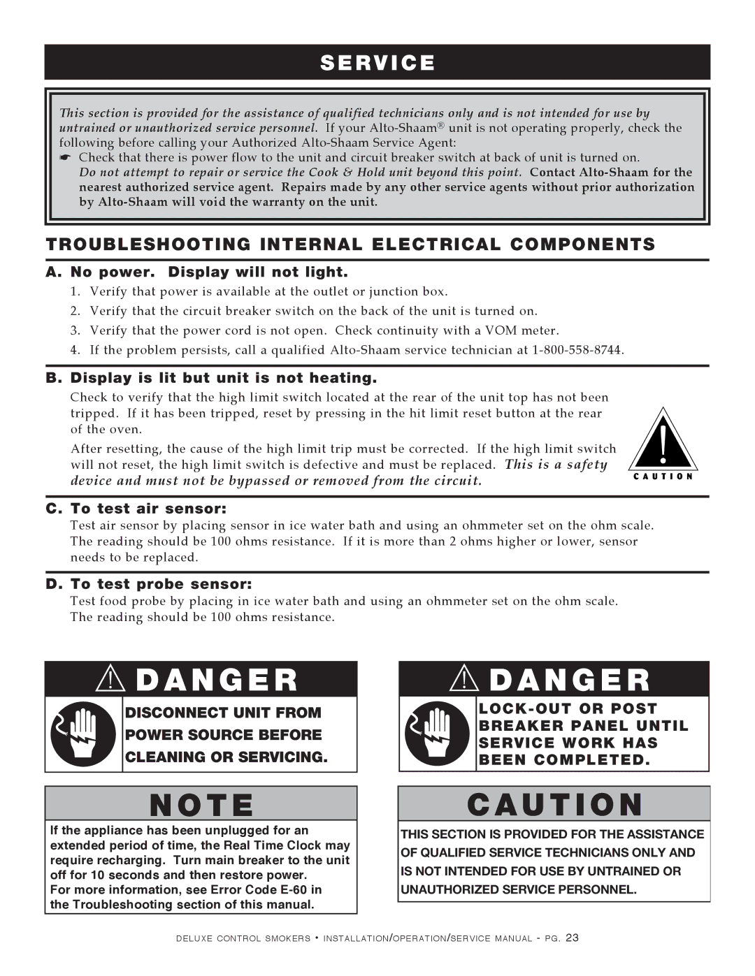 Alto-Shaam 1000-SK/III, 1200-SK/III manual Troubleshooting Internal Electrical Components, No power. Display will not light 