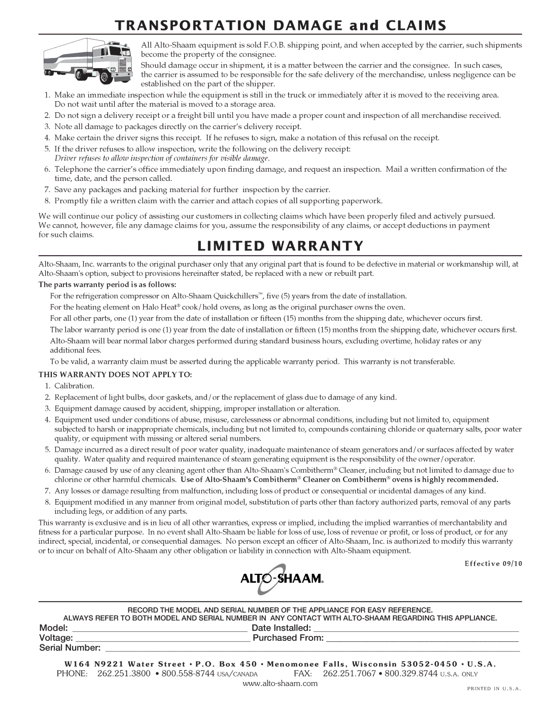 Alto-Shaam 1200-SK/III, 1000-SK/III manual Limited Warranty 