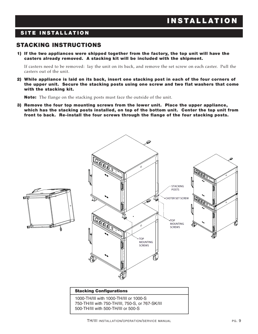 Alto-Shaam 1200-TH/III manual Inst Allatio N, Stacking Instructions 