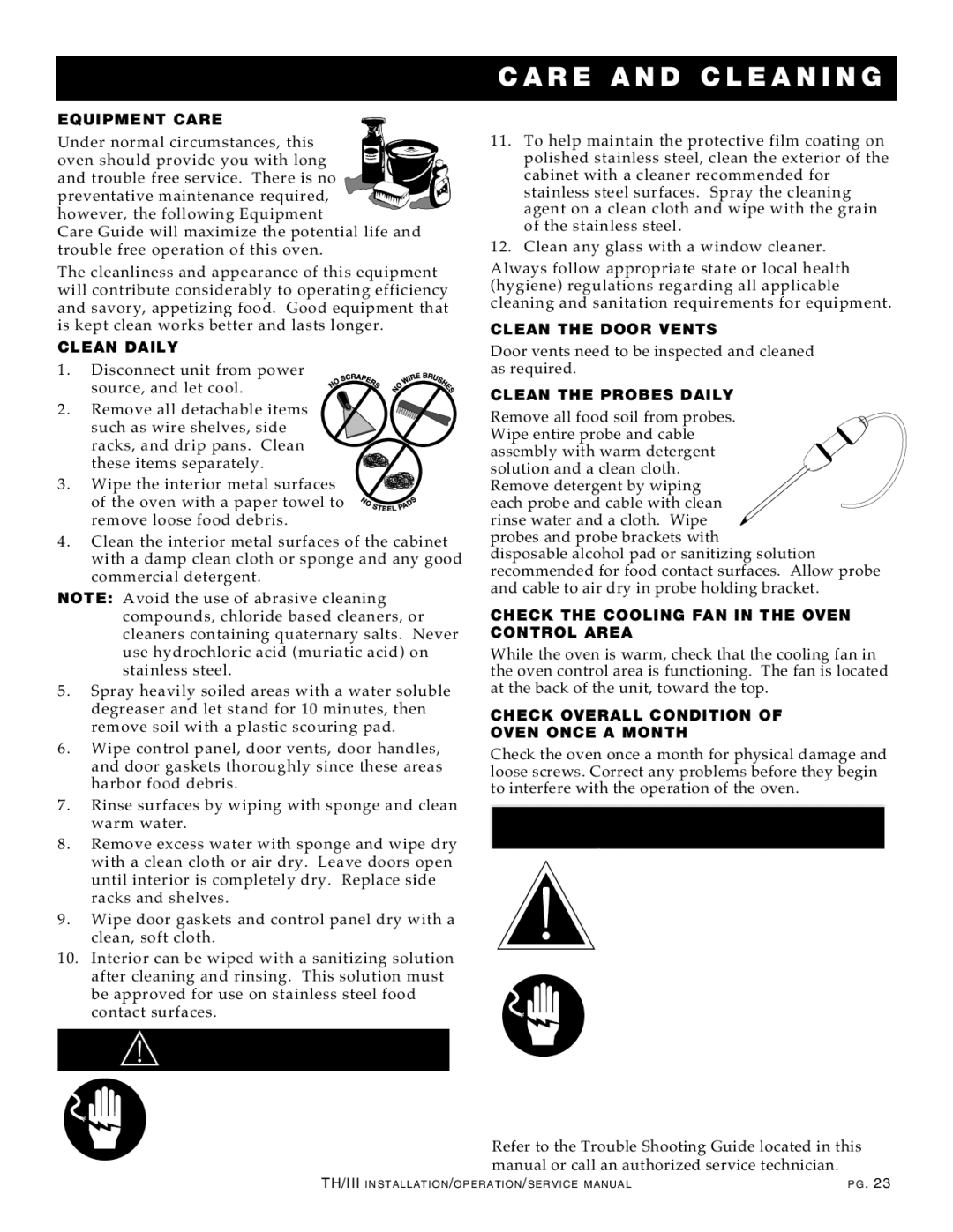 Alto-Shaam 1200-TH/III manual N Ge R, CAR E and CLE Anin G, Severe DAM AGE or Elect Rical Hazard Could Result 