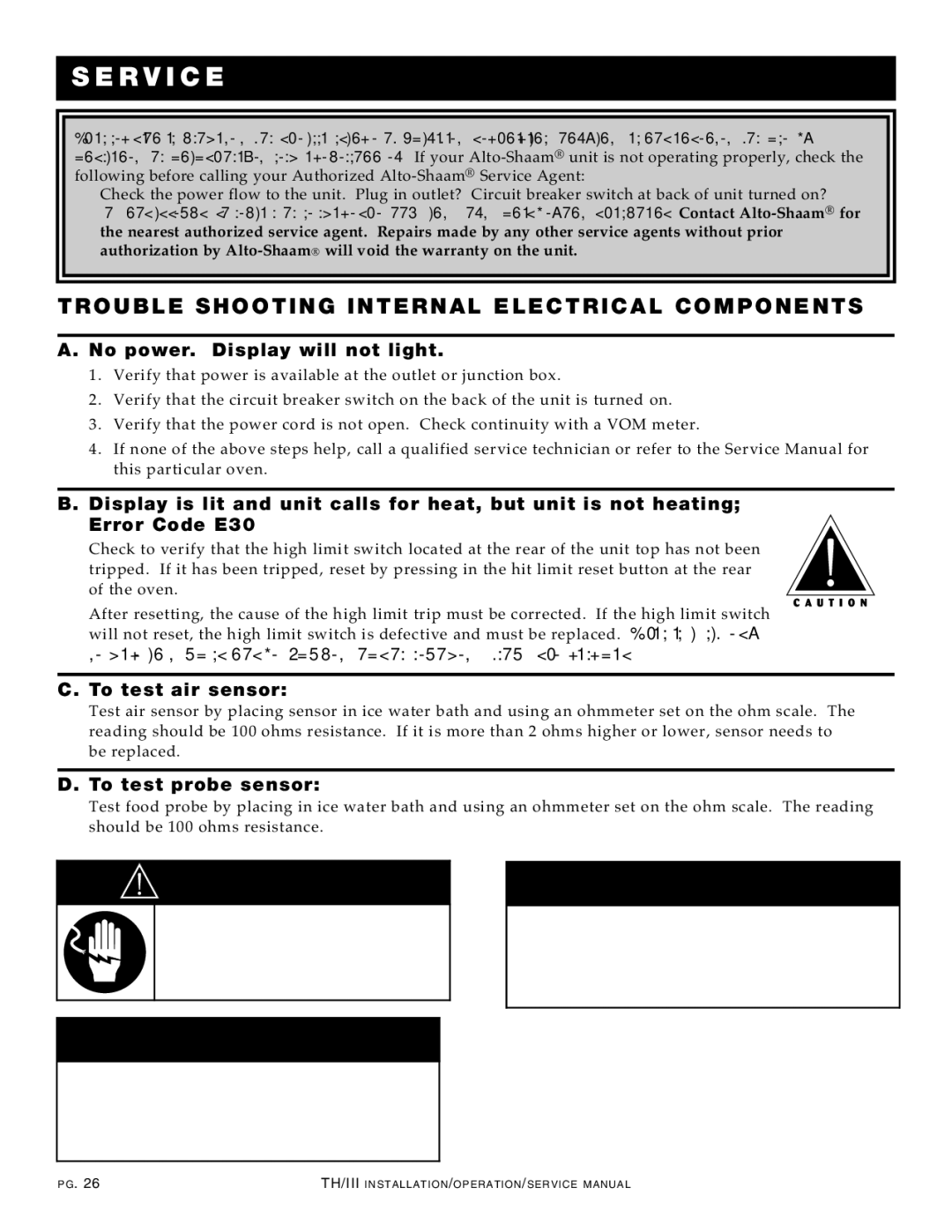 Alto-Shaam 1200-TH/III manual Se Rvi Ce, TRO UB LE Shoo Ting Internal ELE Ctrical Component S 