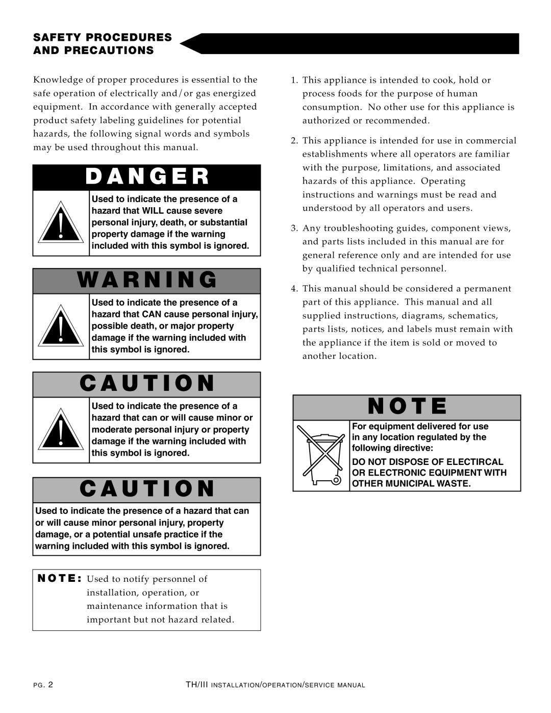 Alto-Shaam 1200-TH/III manual Dan Ger, Safety Proc Edures Preca UTI ONS 