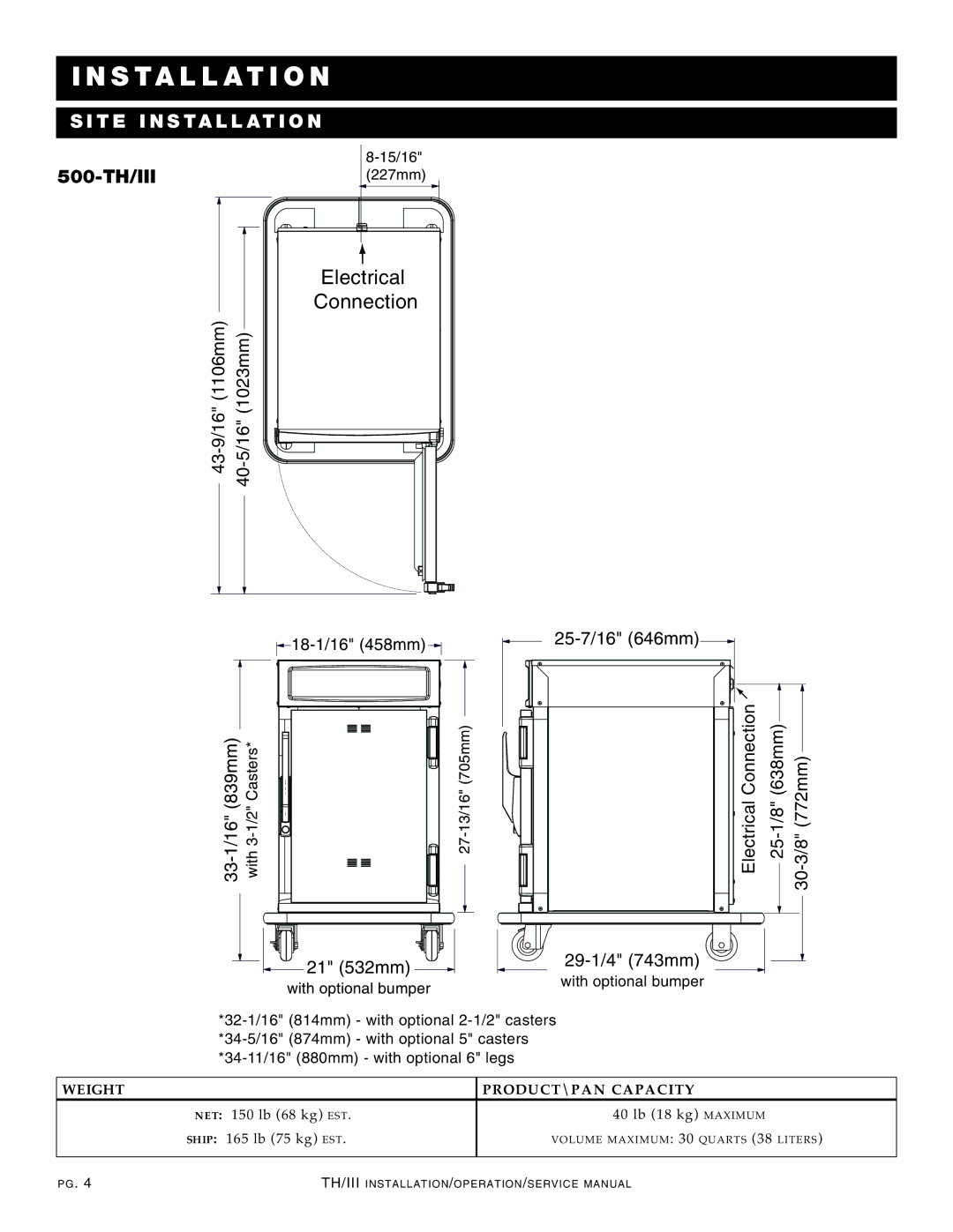 Alto-Shaam 1200-TH/III manual INS TAL LAT I on, SI TE INS Tallatio N 